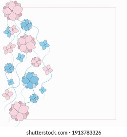 Vector floral motif. Romantic and delicate design of pink and blue flowers and creepers on a white background. Template for greeting cards, wedding, and holiday decoration