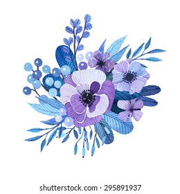 Vector floral motif in watercolor style. Composition of flowers, leaves and berries. Delicate, feminine colors in lilac tones painted by hand. A composition for invitations, greeting cards, covers.