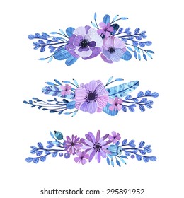 Vector floral motif in watercolor style. Composition of flowers, leaves and berries. Delicate, feminine colors in lilac tones painted by hand. A composition for invitations, greeting cards, covers.