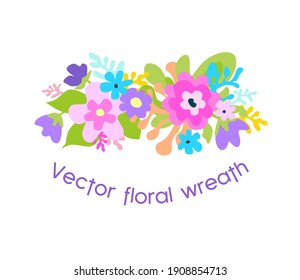 Vector floral multicolored colorful bright wreath frame with spring summer blooming flowers silhouettes set for design decoration.Watercolor drawing.Decor element.Baby shower.Wedding.Birthday.T shirt 