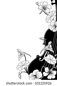 Vector floral musical composition with violin in black and white colors