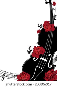 Vector floral musical composition with violin and roses in red, black and white colors