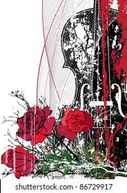 Vector floral musical composition with violin in red, black and white colors