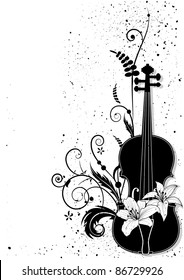 Vector floral musical composition with violin in black and white colors