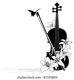 Vector floral musical composition with violin in black and white colors