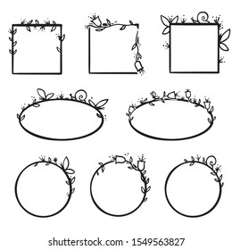 Vector floral and nature frames.  Isolated elements for decoration. Floral simple and neutral black and white geometric frames with floral decorations. 
