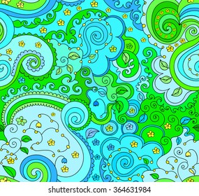 Vector floral nature seamless pattern with flowers, doodles, figured lines. Colorful decorative vector endless texture