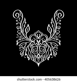 Vector floral neckline design for fashion. Flowers and leaves neck print. Chest lace embellishment. Ethnic indian ornament