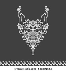 Vector floral neckline and lace border design for fashion. Flowers and leaves neck print. Chest lace embellishment. Ethnic indian ornament