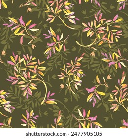 vector, floral, non-directional branch pattern on dark green background. Autumn abstract flowers.