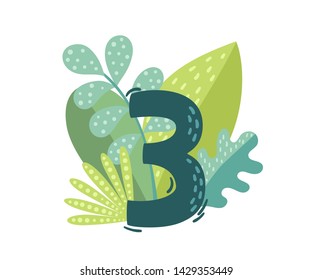 Vector floral number 3 with green decorative leaves isolated on white. Cartoon number three used for backgrounds of flyers, posters, invitations, cards, webs graphics, blogs, banners, and more.