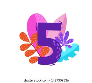 Vector floral number 5 with neon decorative leaves isolated on white. Cartoon number five used for backgrounds of flyers, posters, invitations, cards, webs graphics, blogs, banners, and more.