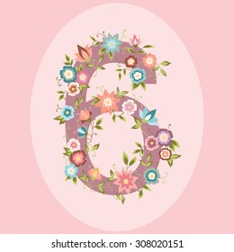 Vector floral number "6" with beautiful flowers for your design.