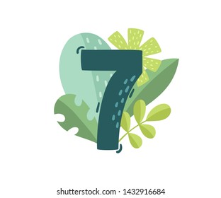 Vector floral number 7 with green decorative leaves isolated on white. Cartoon number seven used for backgrounds of flyers, posters, invitations, cards, webs graphics, blogs, banners, and more.