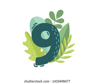 Vector floral number 9 with green decorative leaves isolated on white. Cartoon number nine used for backgrounds of flyers, posters, invitations, cards, webs graphics, blogs, banners, and more.