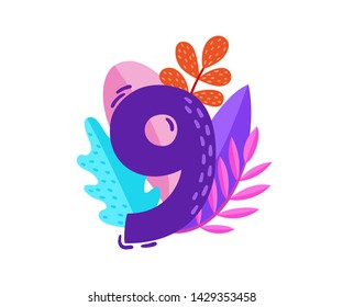 Vector floral number 9 with neon decorative leaves isolated on white. Cartoon number nine used for backgrounds of flyers, posters, invitations, cards, webs graphics, blogs, banners, and more.