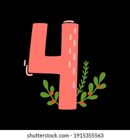 Vector floral number four with green winter branches isolated on black. Cartoon number 4 used for backgrounds of flyers, posters, invitations, cards, webs graphics, blogs, banners, and more.
