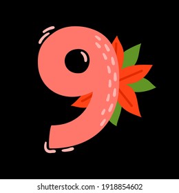 Vector floral number nine with green winter branches isolated on black. Cartoon number 0 used for backgrounds of flyers, posters, invitations, cards, webs graphics, blogs, banners, and more.