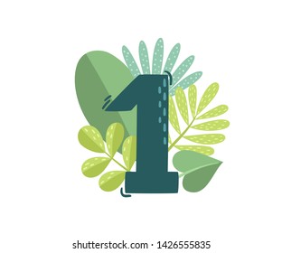 Vector floral number one with green decorative leaves isolated on white. Cartoon number 1 used for backgrounds 