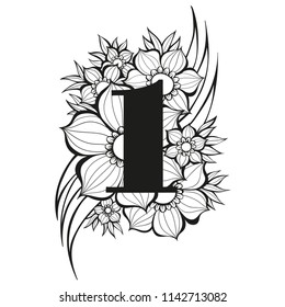 Vector floral Number One monogram or logo. Doodles hand drawn Design illustration.