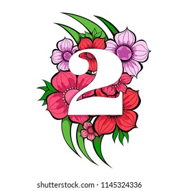 Vector floral Number Two bright colors. Beautiful colorful flowers Doodles hand drawn Design illustration.
