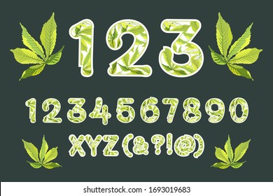 Vector floral numbers from 0 to 9. Botanical character, figure. Green tropical leaves in the shape of a bold number. 