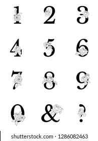 Vector floral numbers. Numbers with decorative roses. Element of a wedding card, invitations. Black and white isolated numbers and flowers on a uniform background. 