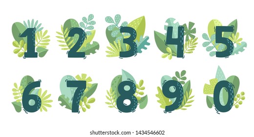 Vector Floral Numbers With Green Decorative Leaves Isolated On White. Cartoon Numerals Used For Backgrounds Of Flyers, Posters, Invitations, Cards, Webs Graphics, Blogs, Banners, And More.