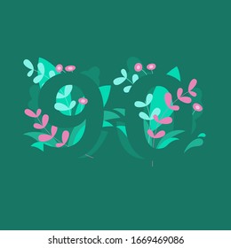 Monogramos vectoriales de números florales. Números 2, 0, 20 con Flores y hojas. Ilustración aislada del vector sobre fondo verde. Diseño plano.