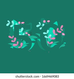 Monogramos vectoriales de números florales. Números 5, 0, 50 con Flores y hojas. Ilustración aislada del vector sobre fondo verde. Diseño plano.