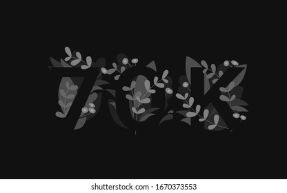 Vector floral numbers monograms. Numbers 7, 0, 70k with Flowers and leaf. Vector isolated illustration on black monochrome background. Flat design. 
