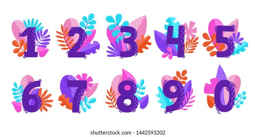 Vector floral numbers with neon decorative leaves isolated on white. Cartoon numerals used for backgrounds of flyers, posters, invitations, cards, webs graphics, blogs, banners, and more.