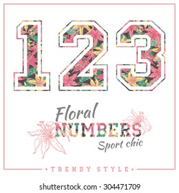 Vector floral numbers for t-shirts, posters, card and other uses. Sport chic. Trendy style.