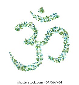 Vector floral Om Aum Ohm india symbol meditation. Hindu lucky symbol made of little cute flowers, leaves, branches on white background. Ecological, vegetarian, natural style. Logo, t-shirt, card, web.
