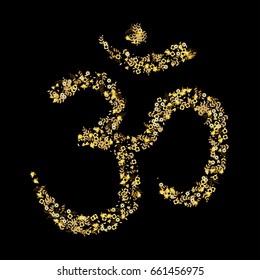 Vector floral Om Aum Ohm india symbol meditation. Hindu lucky symbol made of little cute flowers, leaves, branches on white background. Ecological, vegetarian, natural style. Logo, t-shirt, card, web