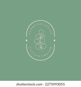 Emblema orgánico floral vectorial.Diseño de logotipo natural con rama y marco de eucalipto lineal.Eco moderno o placa biográfica de estilo minimalista moderno.Plantilla de diseño de marca.