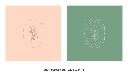 Vector floral organic emblems.Natural logo designs with linear eucalyptus branch and frames.Modern eco or bio badges in trendy minimalist style.Branding design templates.