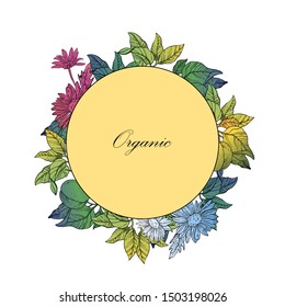 Vector floral organic frame in engraving style with fruit, flowers and leaves. Vintage circle postcard for invitations, eco products, packages.  Hand drawn nature art.