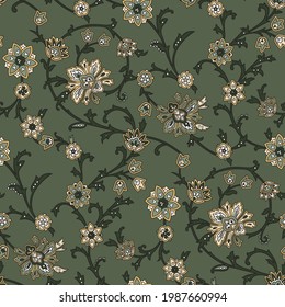 vector Floral oriental ethnic seamless pattern on  green background