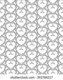 Vector floral oriental ornament black seamless pattern. Perfect for printing, cloth design, wallpaper, wrapping, website, surface textures. Repeating drawing heart art background. Doodle style set.
