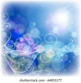 vector floral ornament, blue sky & fiery ray of lights