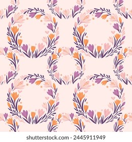 Vector floral ornament of crocus flowers in the form of a wreath, seamless pattern for printing on fabric, paper. Spring, primroses