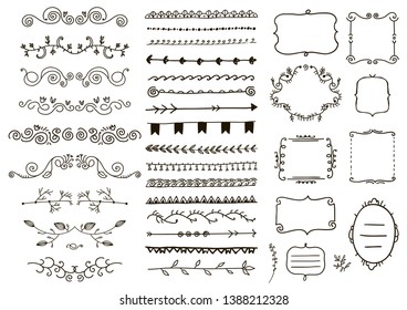 Vector floral ornament dividers. Hand drawn, doodle vines decoration, sketch leaves, swirl, curl ornaments. Ink flourish frames, borders. Isolated