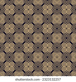 Vector floral ornament. Elegant gold and black seamless pattern. Simple golden geometric ornamental background. Abstract texture with flower silhouettes, petals, curved lines, grid. Luxury design