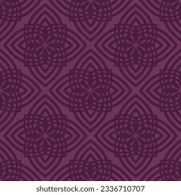 Vektorblumenschmuck. Elegantes, nahtloses Muster in bordeauxfarbener Farbe. Einfaches geometrisches Zierhintergrund. Abstrakte Textur mit floralen Silhouetten, Blütenblätter, gewölbte Linien, Gitter. Wiederholtes Geo-Design