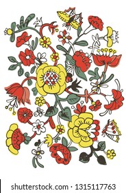 Vector floral ornament in folk style. Abstract cartoon flowers in bloom and butterflies. Hand drawn ethnic primitive illustration. Fairy tale naive decorative backdrop. 