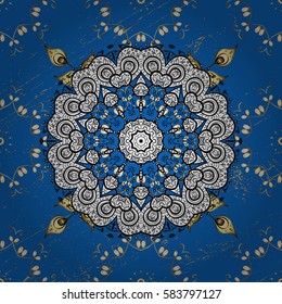 Vector with floral ornament. Golden ornate illustration for wallpaper. Vintage design element in Eastern style. Traditional arabic decor on blue background. Ornamental lace tracery.