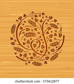 Vector floral ornament of hops and malt on a wooden background