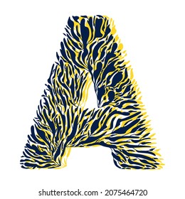 Vector floral ornament for the letter A. Botanical monogram. Blue and yellow leaves, twigs, leaves in the form of a bold letter.