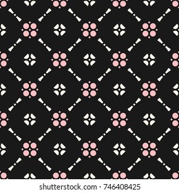 Vector floral ornament seamless pattern in oriental style. Texture of mesh, grid, lattice. Abstract background in trendy colors, black, pink and beige. Repeat design for decoration, fabric, cloth 